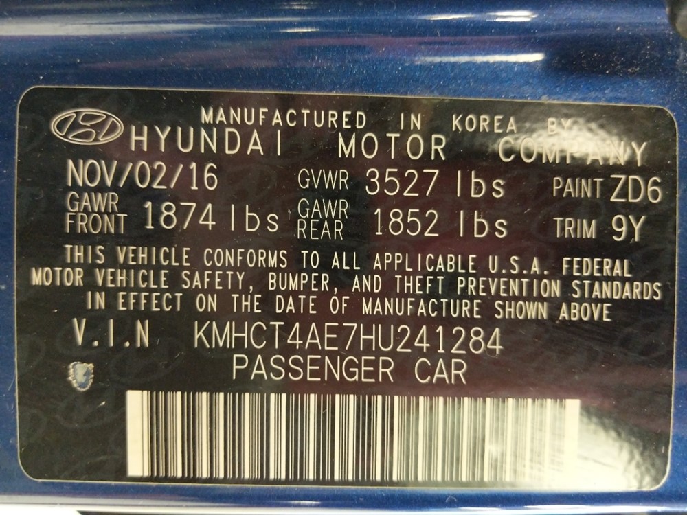 2017 Hyundai Accent - VIN Plate
