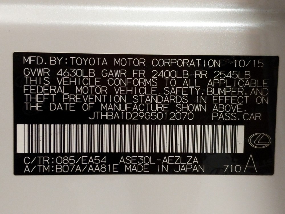 2016 Lexus IS 200t - VIN Plate