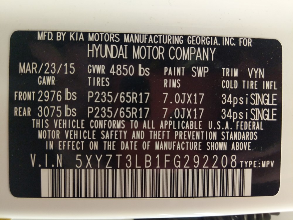 2015 Hyundai Santa Fe - VIN Plate