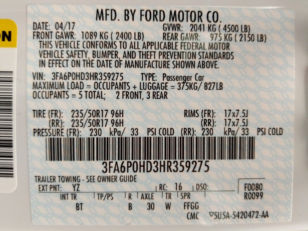 2017 Ford Fusion - VIN Plate