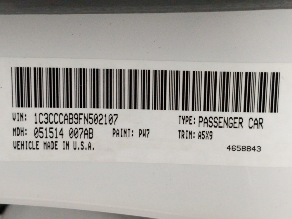 2015 Chrysler 200 - VIN Plate