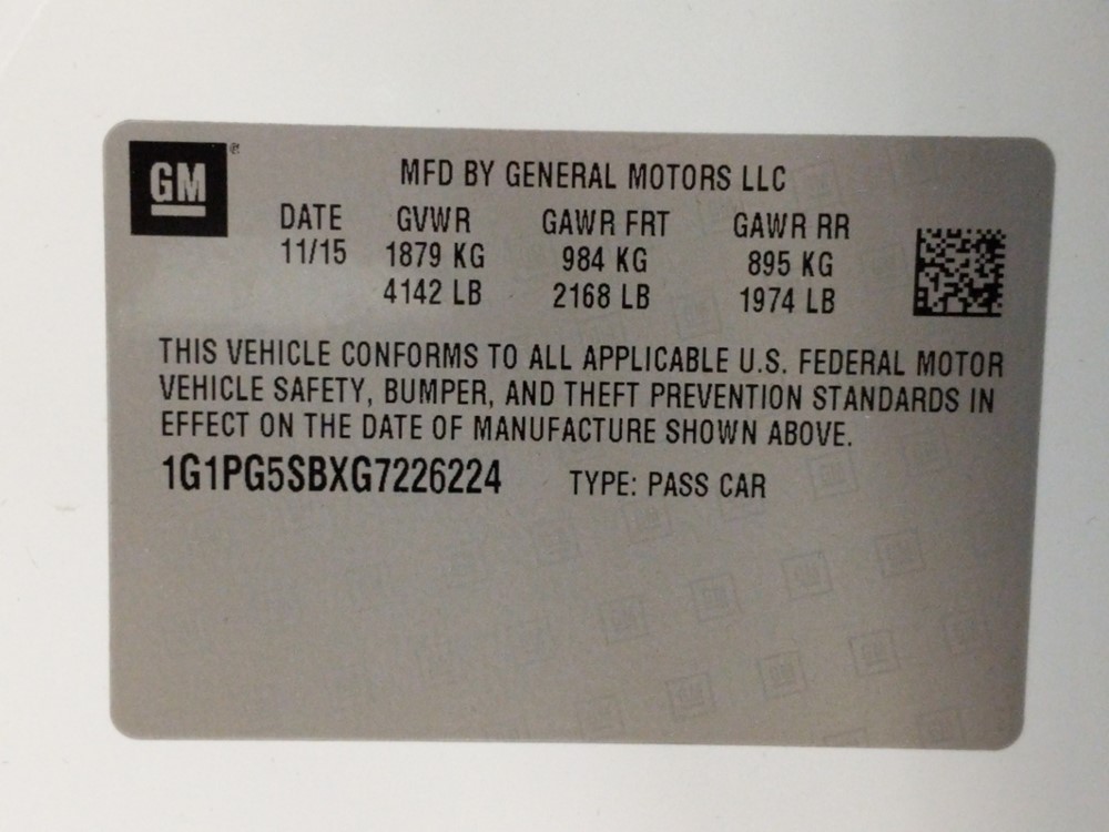 2016 Chevrolet Cruze - VIN Plate