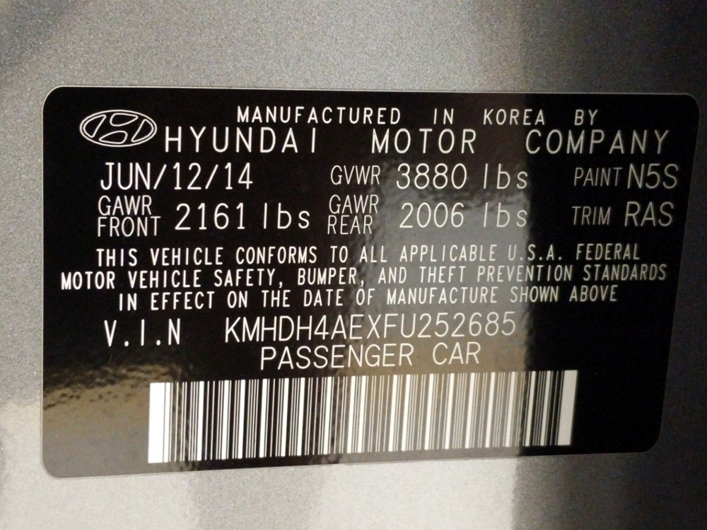 2015 Hyundai Elantra - VIN Plate