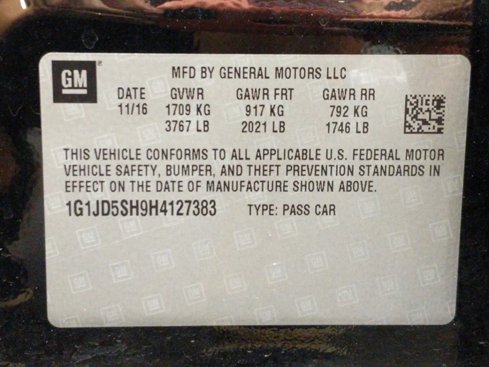 2017 Chevrolet Sonic - VIN Plate