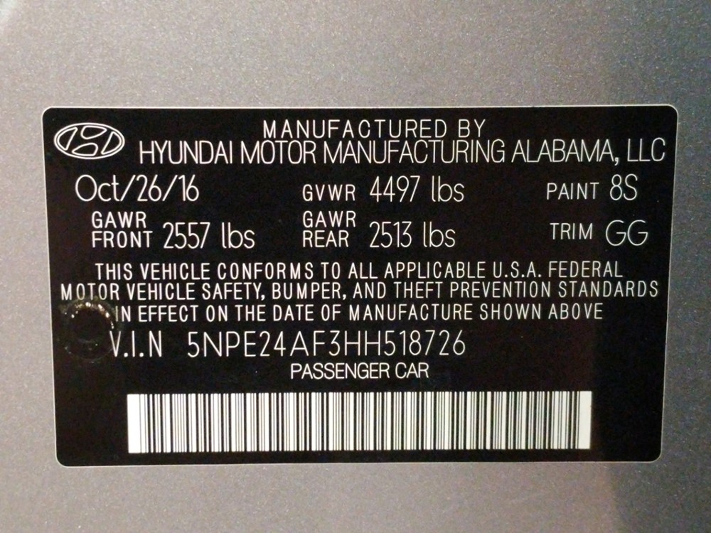 2017 Hyundai Sonata - VIN Plate