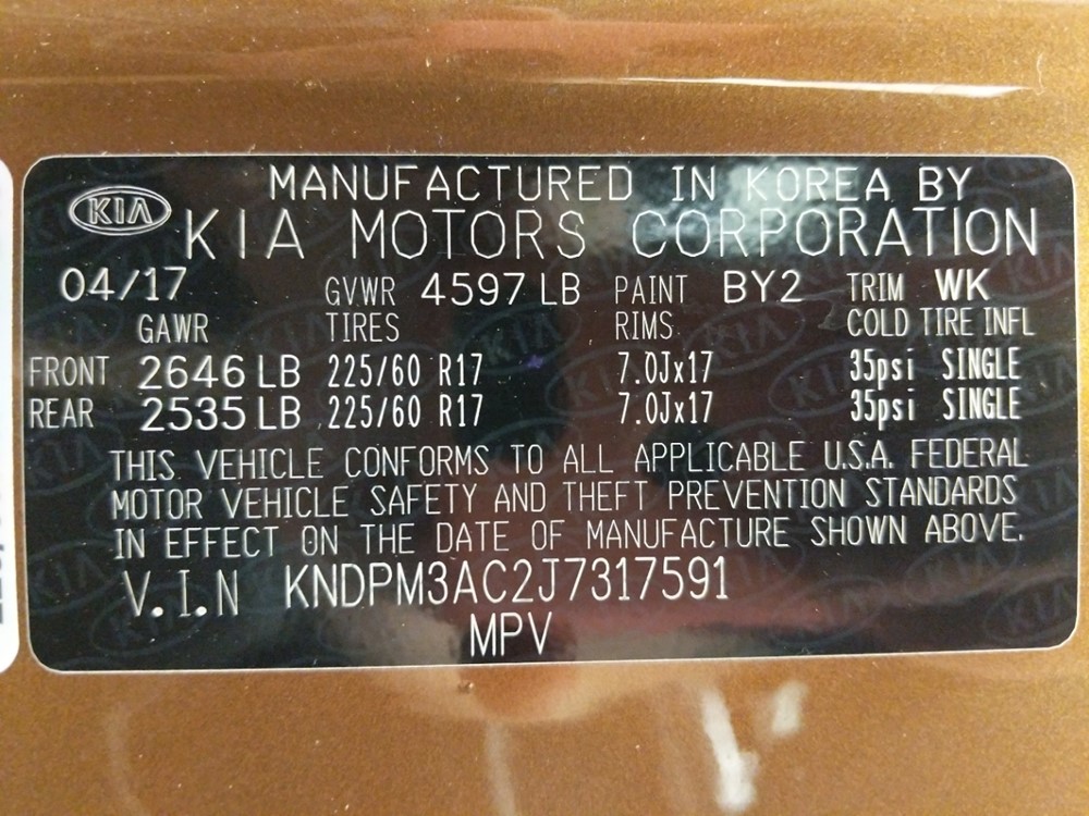 2018 Kia Sportage - VIN Plate