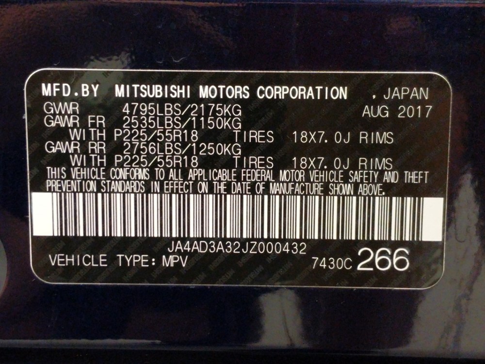 2018 Mitsubishi Outlander - VIN Plate