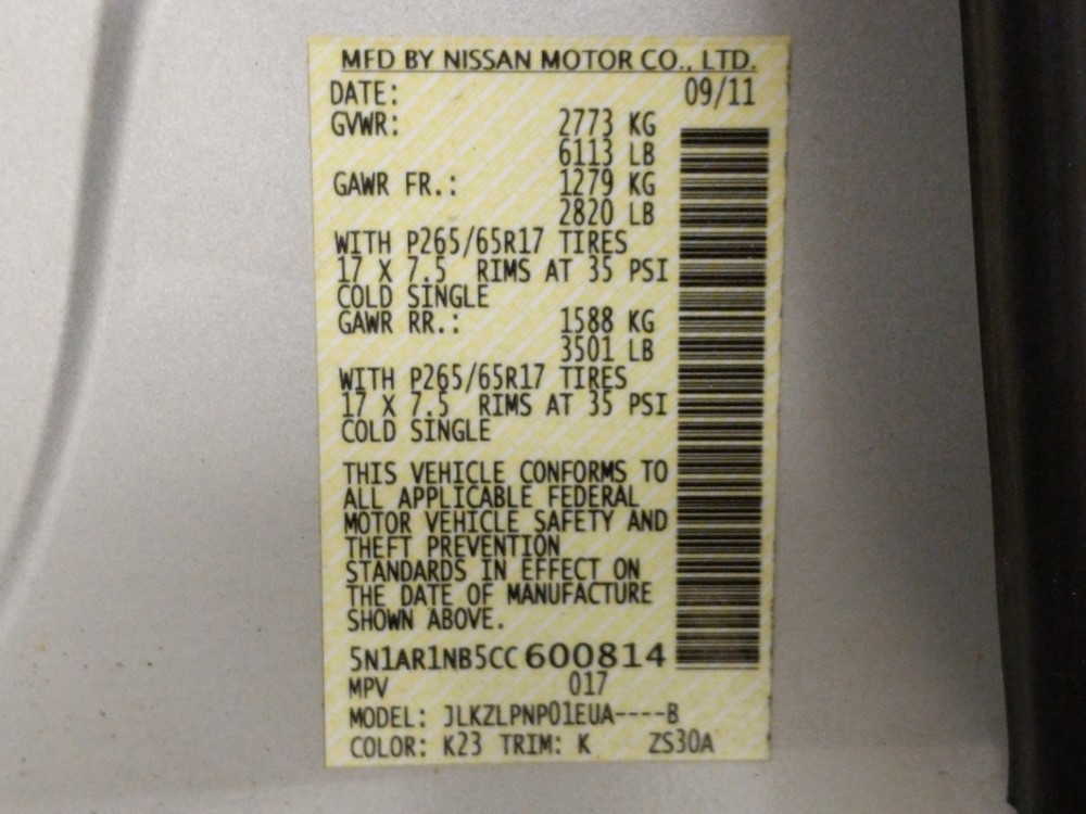 2012 Nissan Pathfinder - VIN Plate