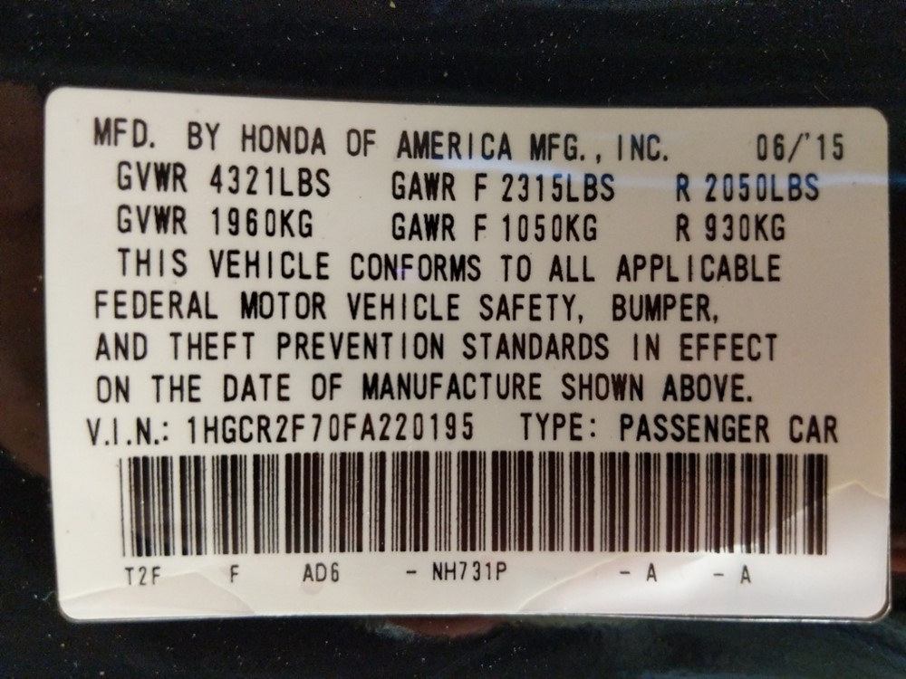 2015 Honda Accord - VIN Plate