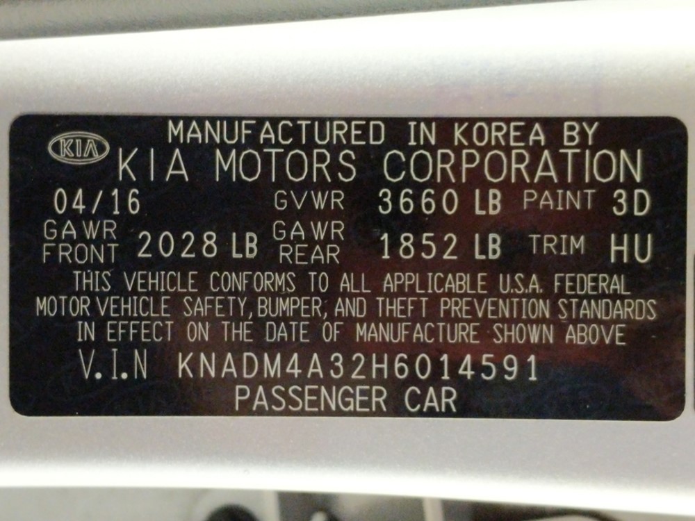 2017 Kia Rio - VIN Plate