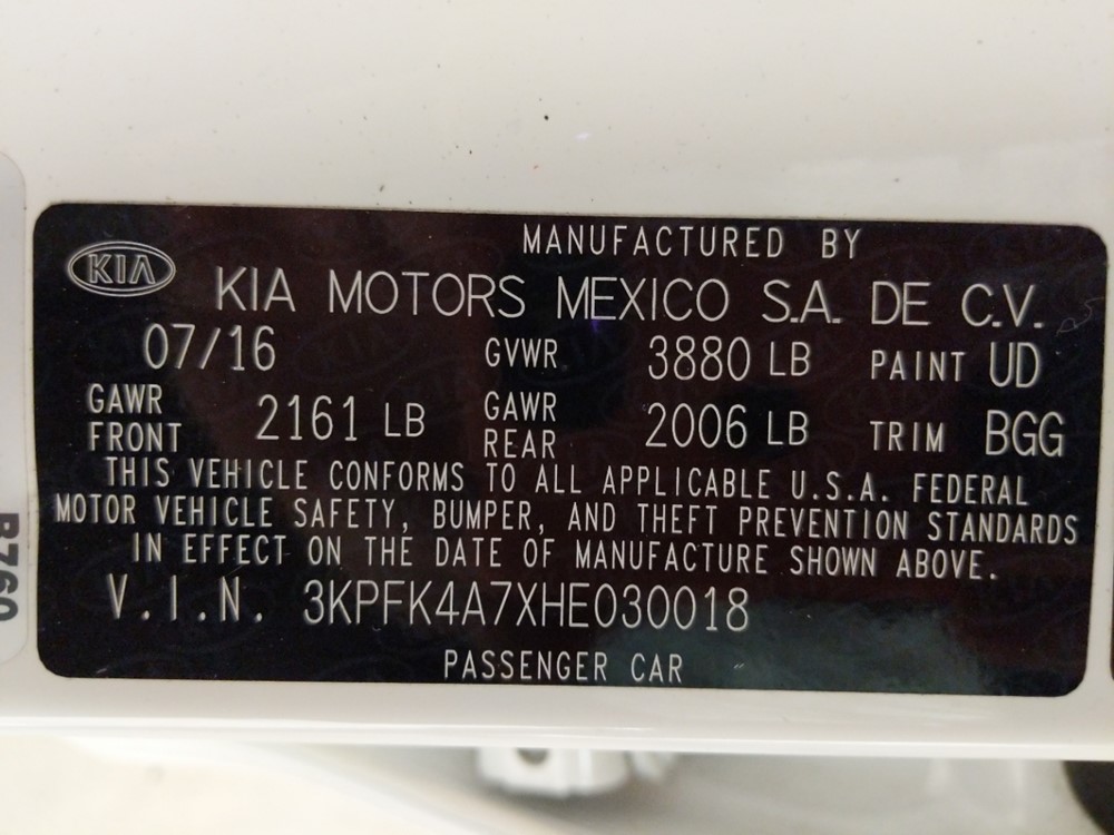 2017 Kia Forte - VIN Plate
