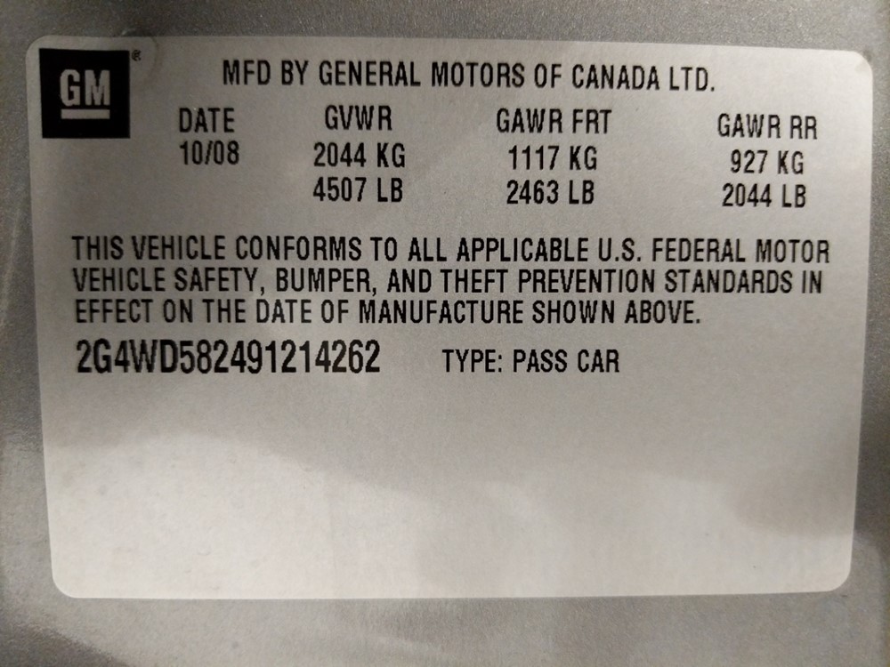 2009 Buick LaCrosse - VIN Plate
