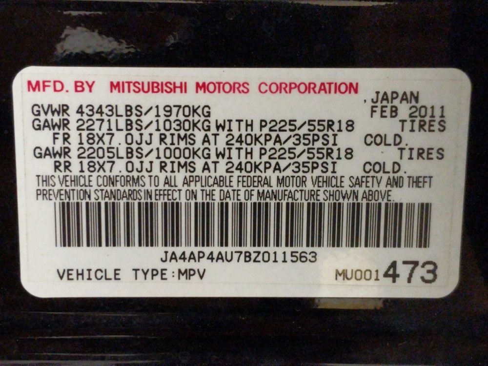 2011 Mitsubishi Outlander - VIN Plate