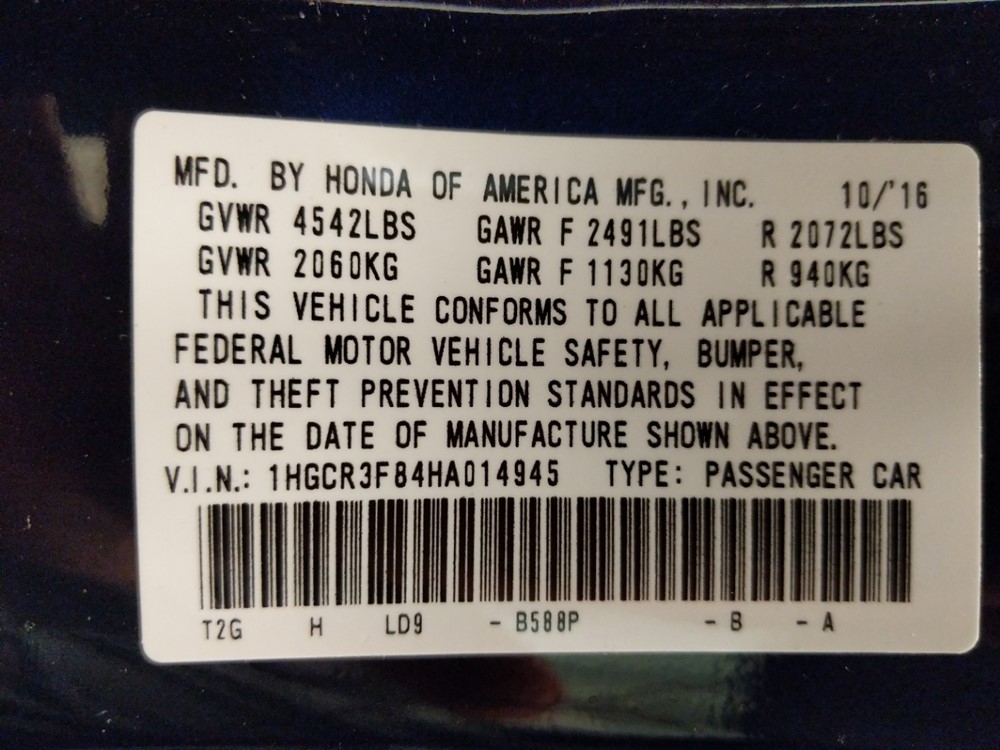 2017 Honda Accord - VIN Plate