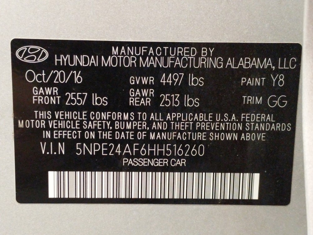 2017 Hyundai Sonata - VIN Plate