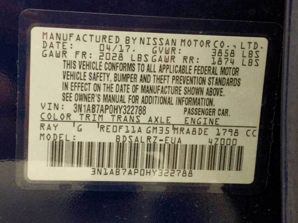 2017 Nissan Sentra - VIN Plate