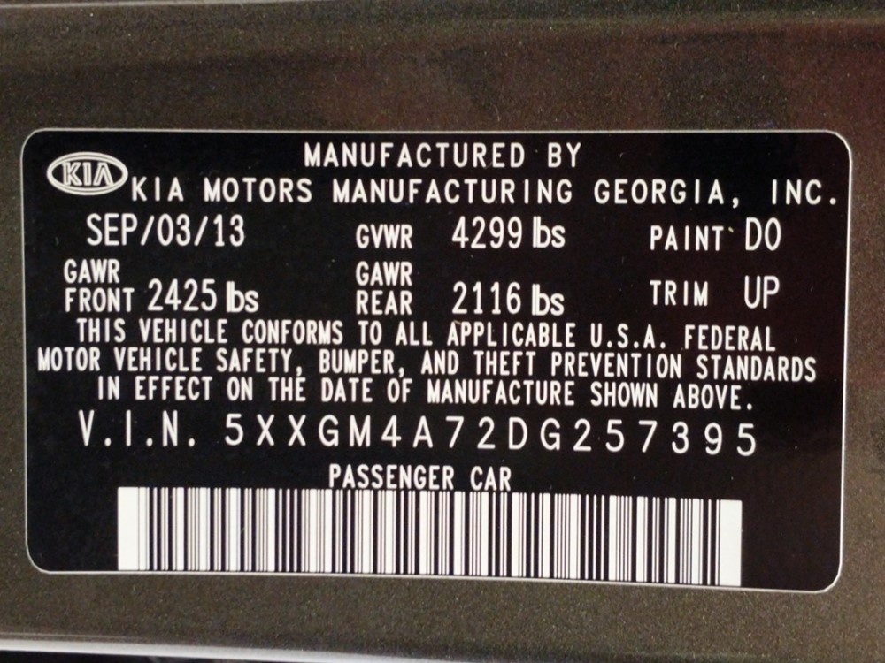 2013 Kia Optima - VIN Plate