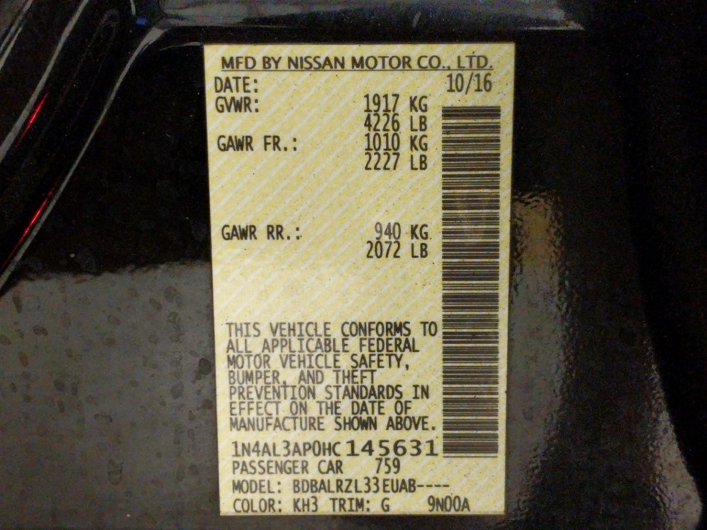 2017 Nissan Altima - VIN Plate