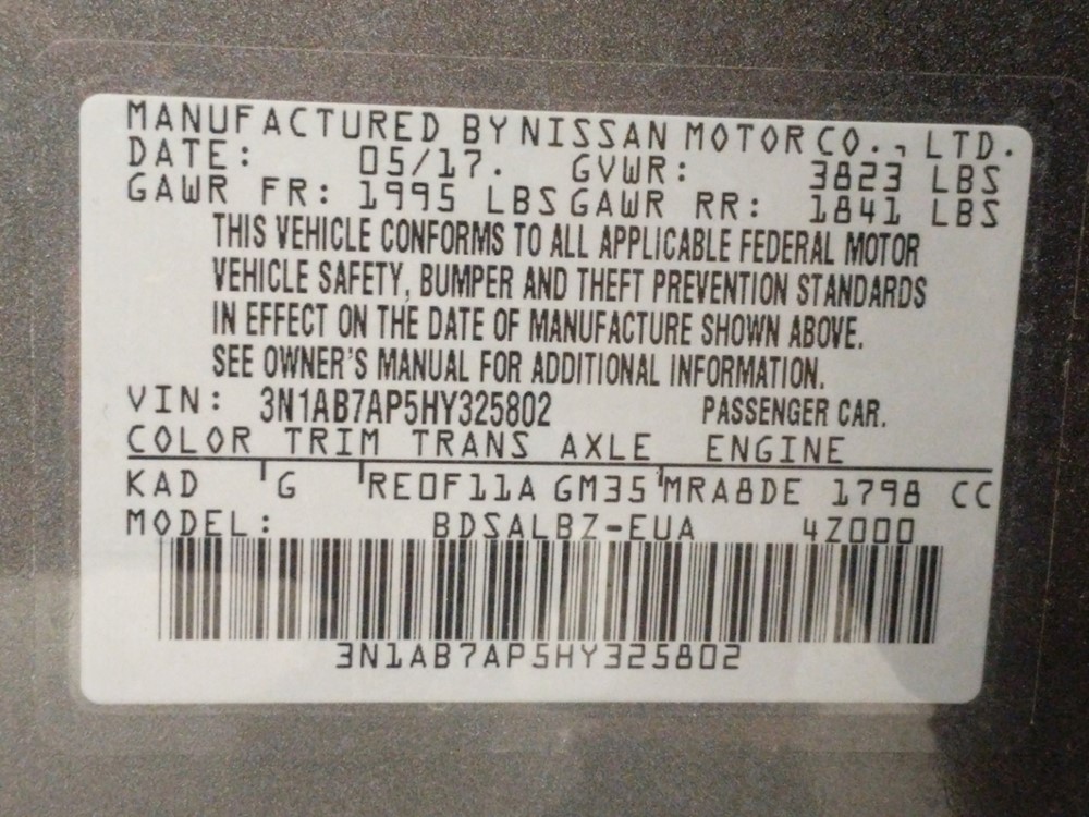 2017 Nissan Sentra - VIN Plate