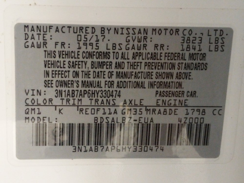 2017 Nissan Sentra - VIN Plate