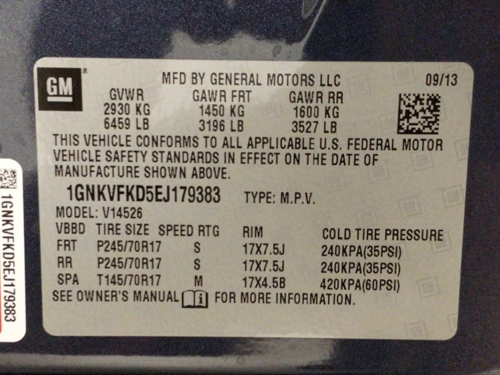 2014 Chevrolet Traverse - VIN Plate