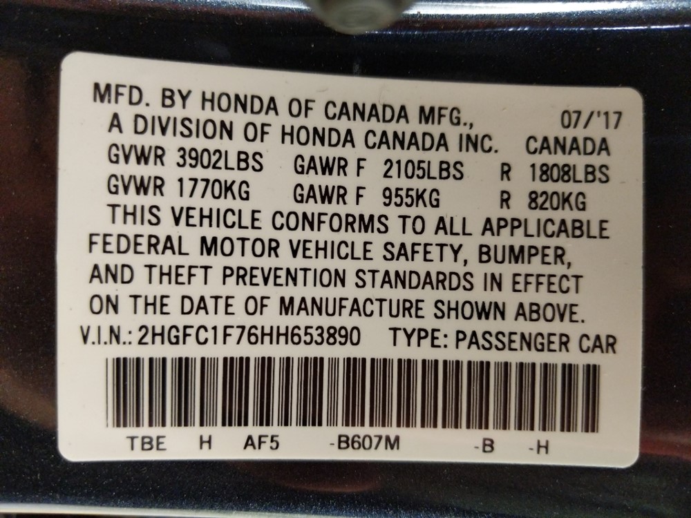 2017 Honda Civic - VIN Plate