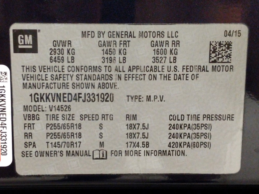 2015 GMC Acadia - VIN Plate