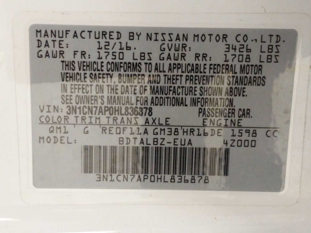 2017 Nissan Versa - VIN Plate