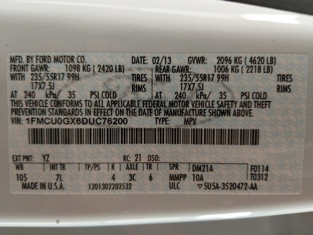 2013 Ford Escape - VIN Plate
