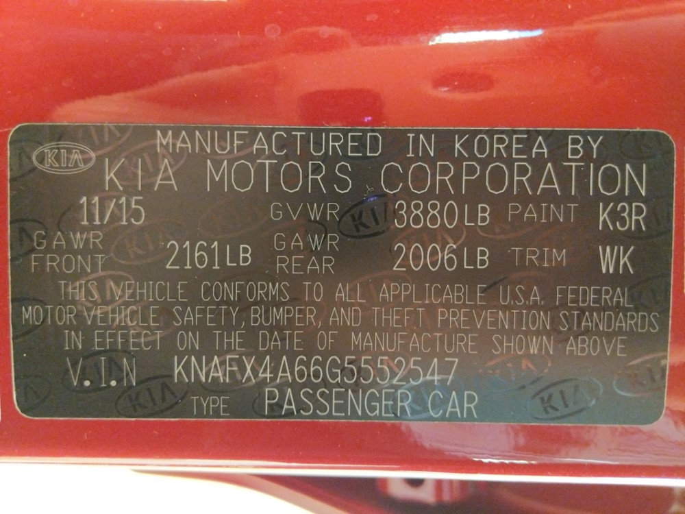 2016 Kia Forte - VIN Plate