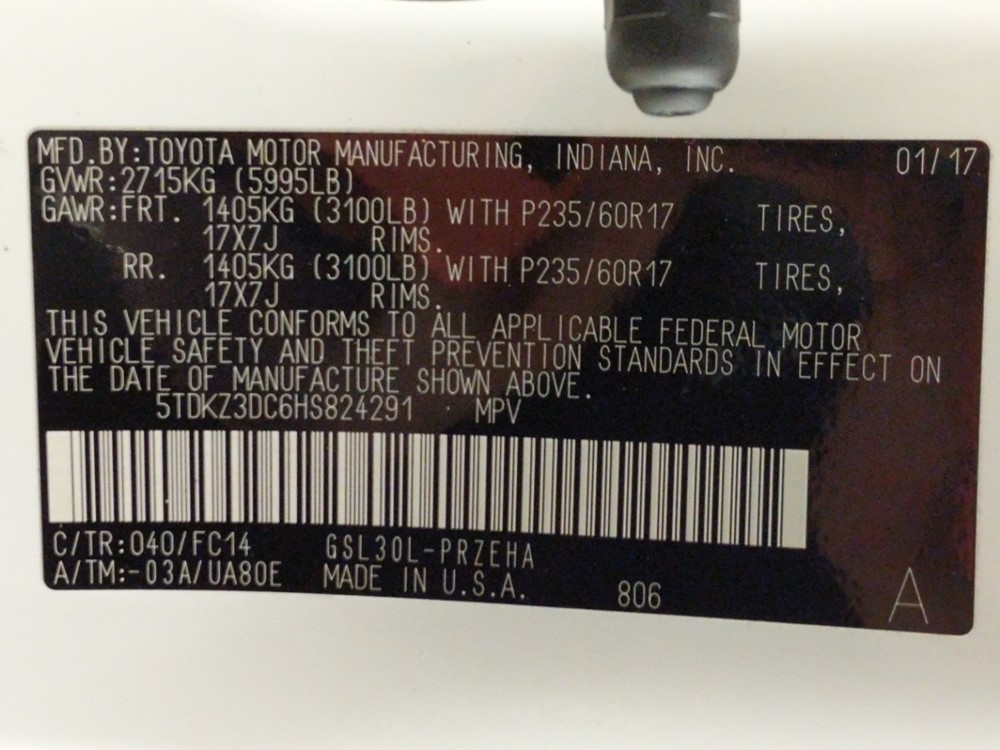 2017 Toyota Sienna - VIN Plate