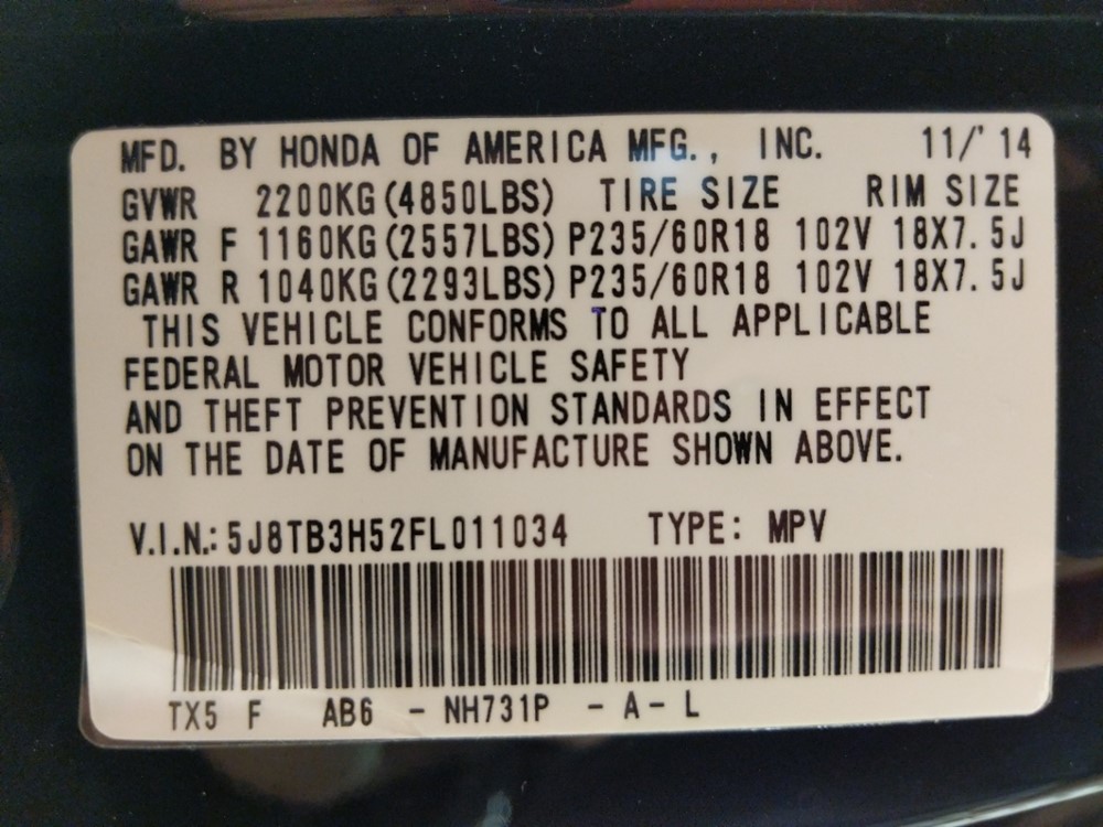 2015 Acura RDX - VIN Plate