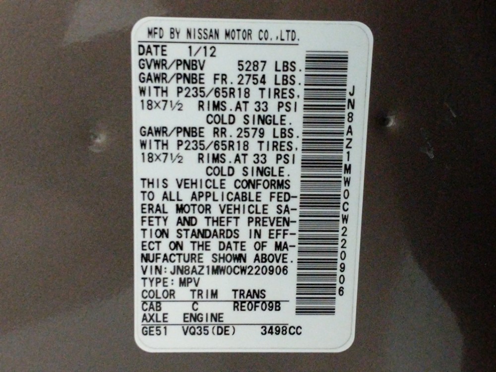 2012 Nissan Murano - VIN Plate
