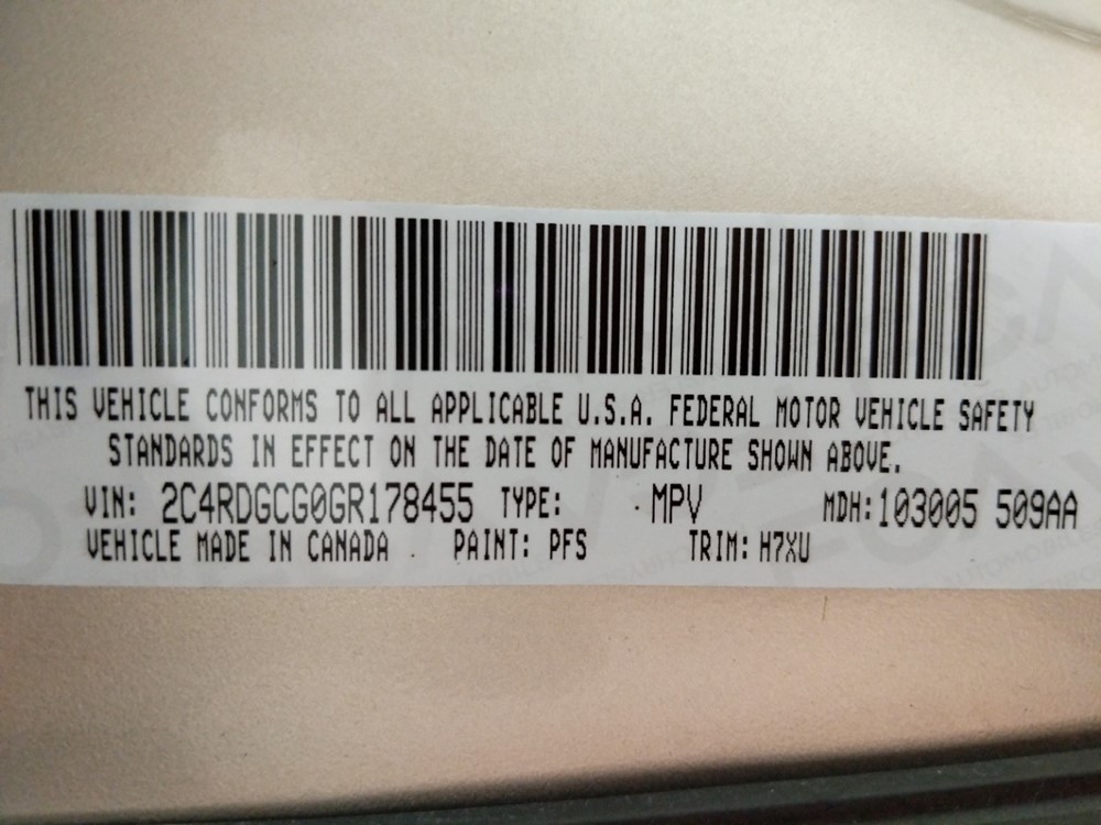 2016 Dodge Grand Caravan - VIN Plate