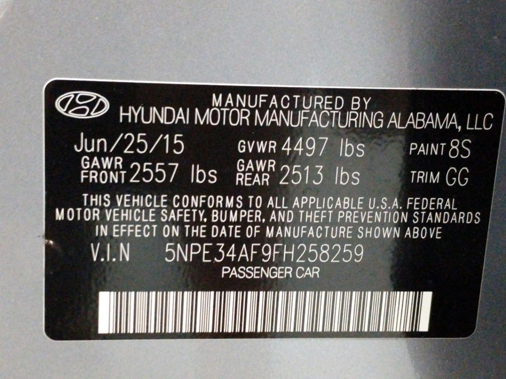 2015 Hyundai Sonata - VIN Plate
