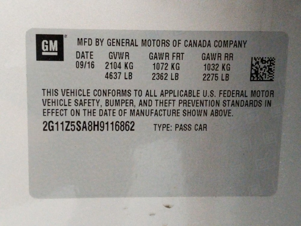 2017 Chevrolet Impala - VIN Plate