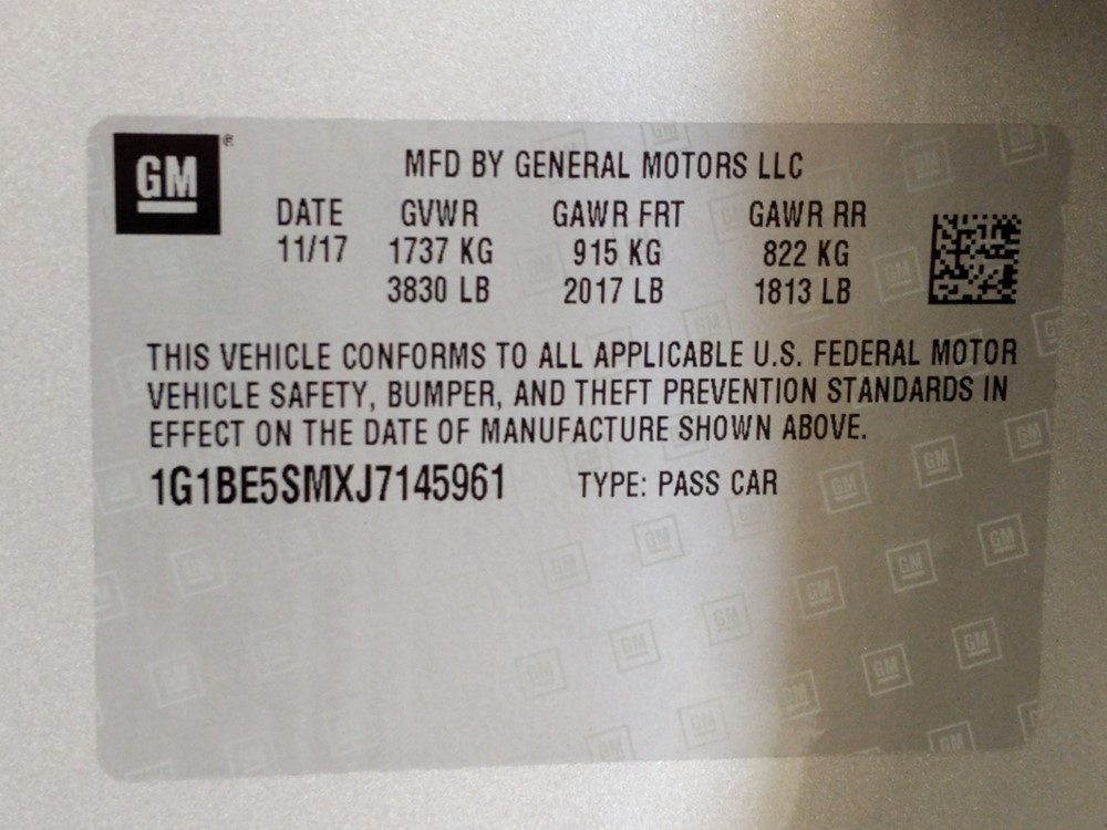 2018 Chevrolet Cruze - VIN Plate