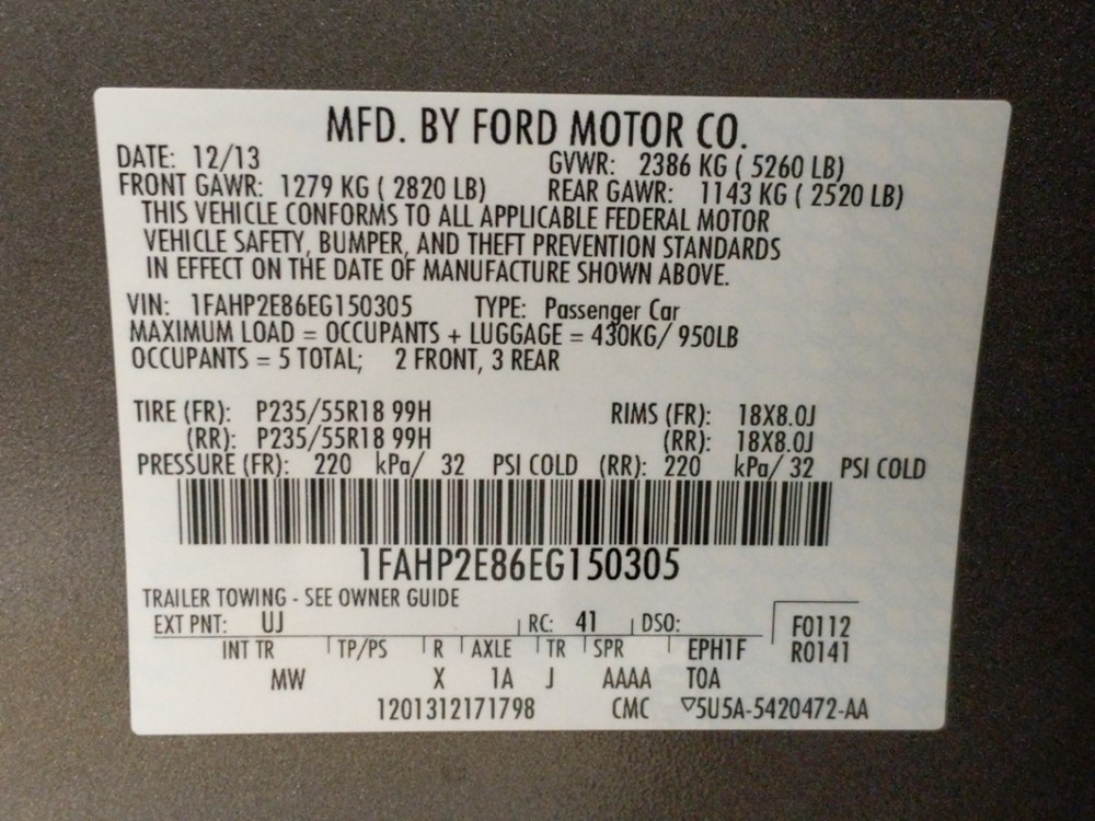 2014 Ford Taurus - VIN Plate