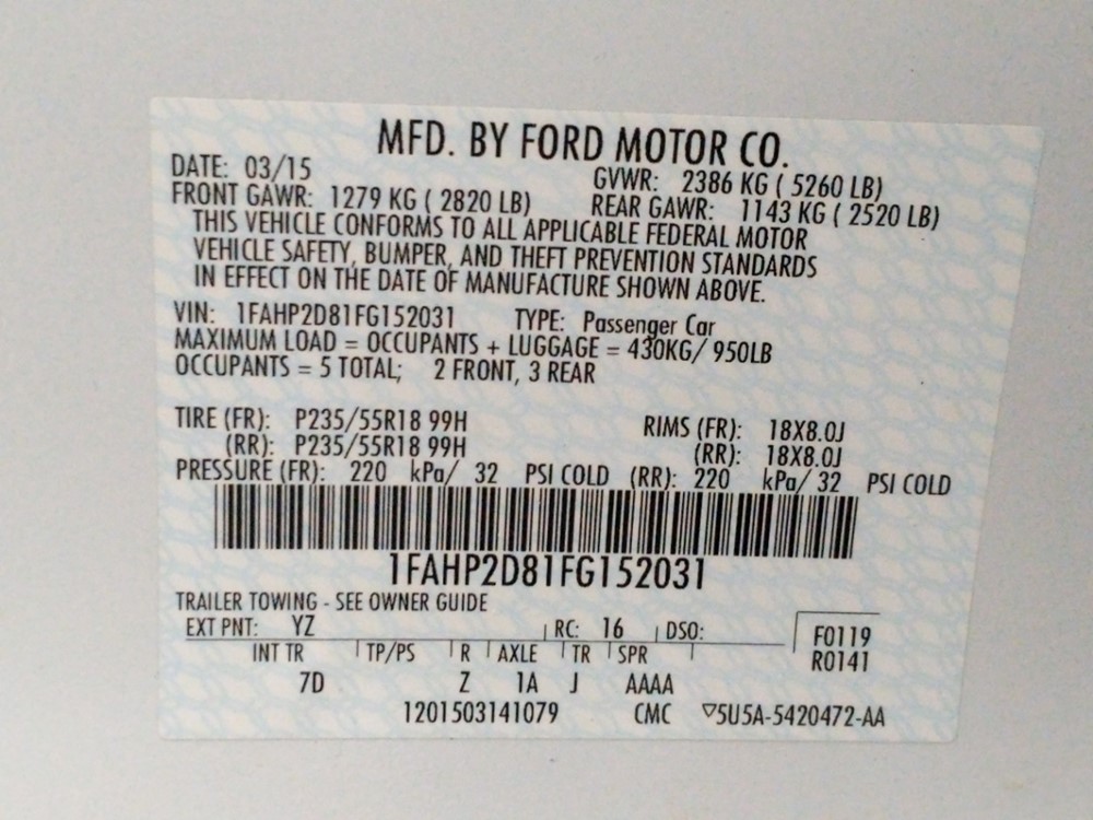 2015 Ford Taurus - VIN Plate