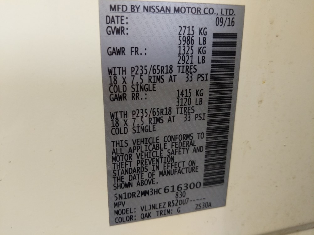 2017 Nissan Pathfinder - VIN Plate