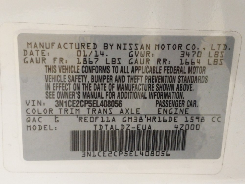 2014 Nissan Versa - VIN Plate