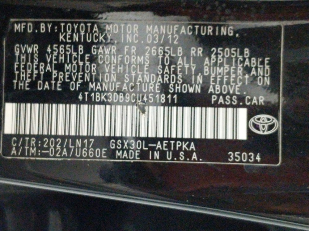2012 Toyota Avalon - VIN Plate