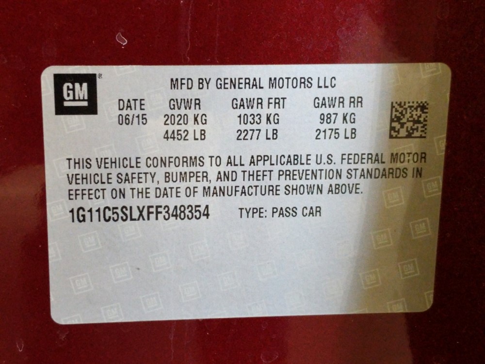 2015 Chevrolet Malibu - VIN Plate