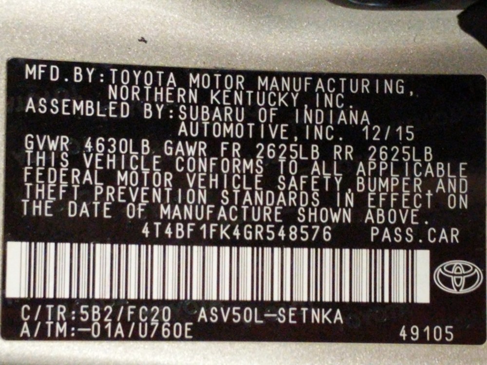 2016 Toyota Camry - VIN Plate