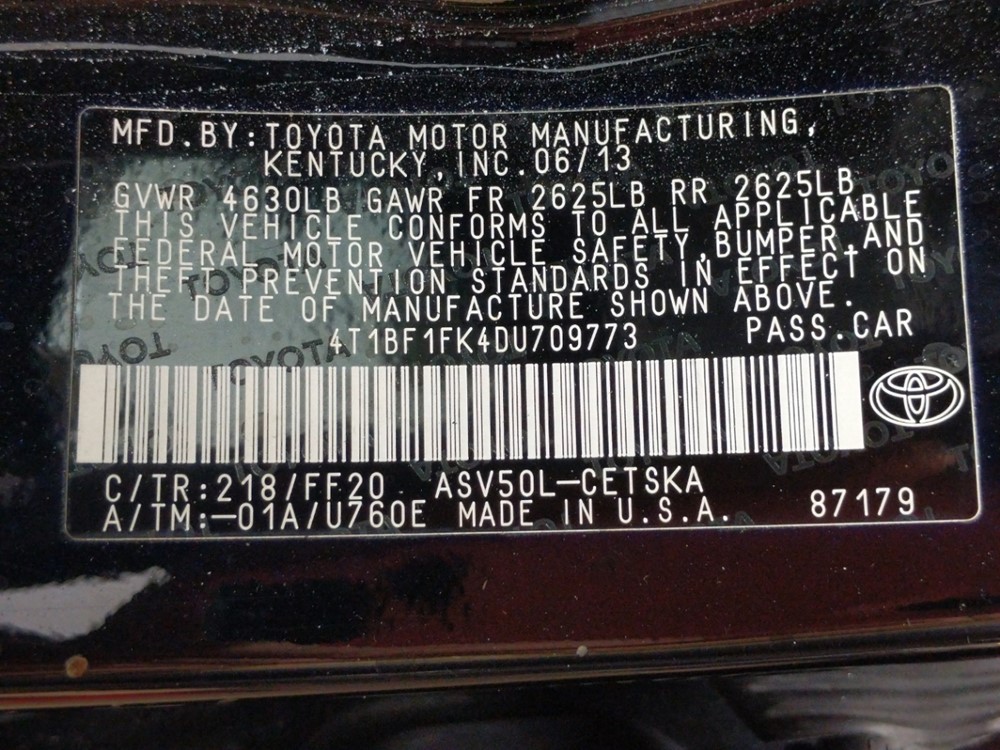 2013 Toyota Camry - VIN Plate