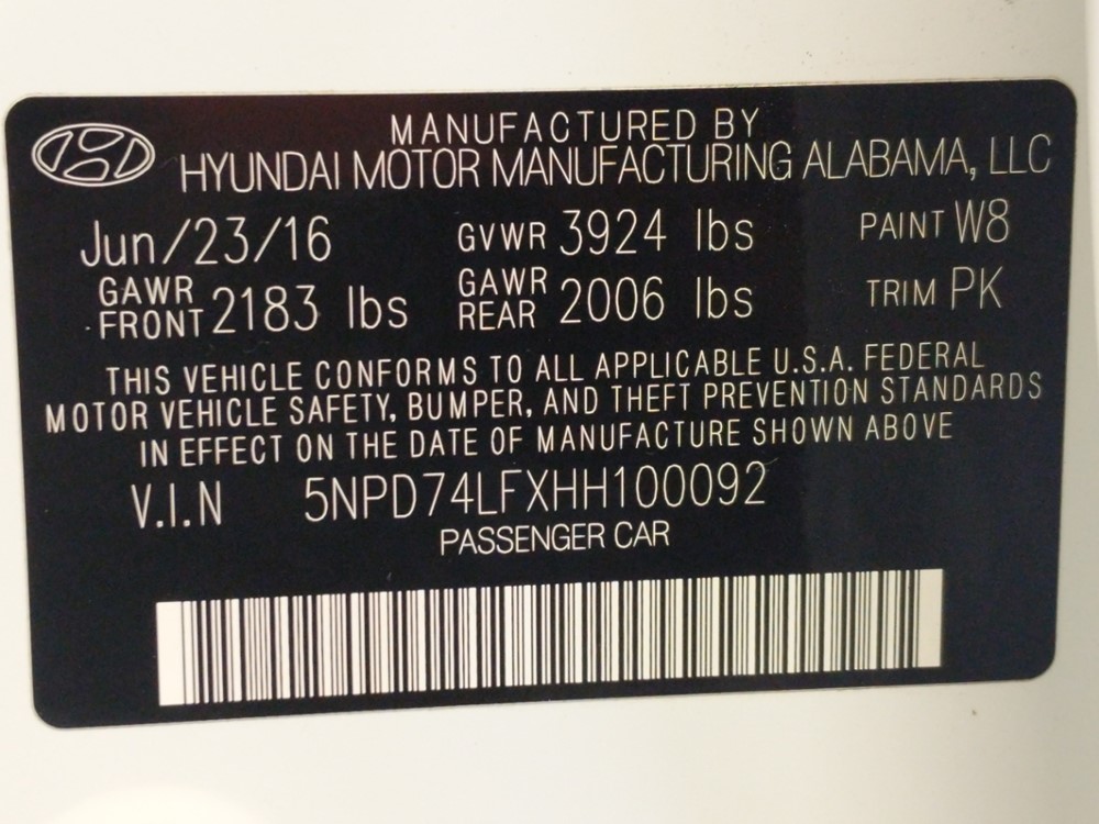 2017 Hyundai Elantra - VIN Plate