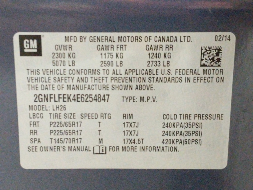 2014 Chevrolet Equinox - VIN Plate