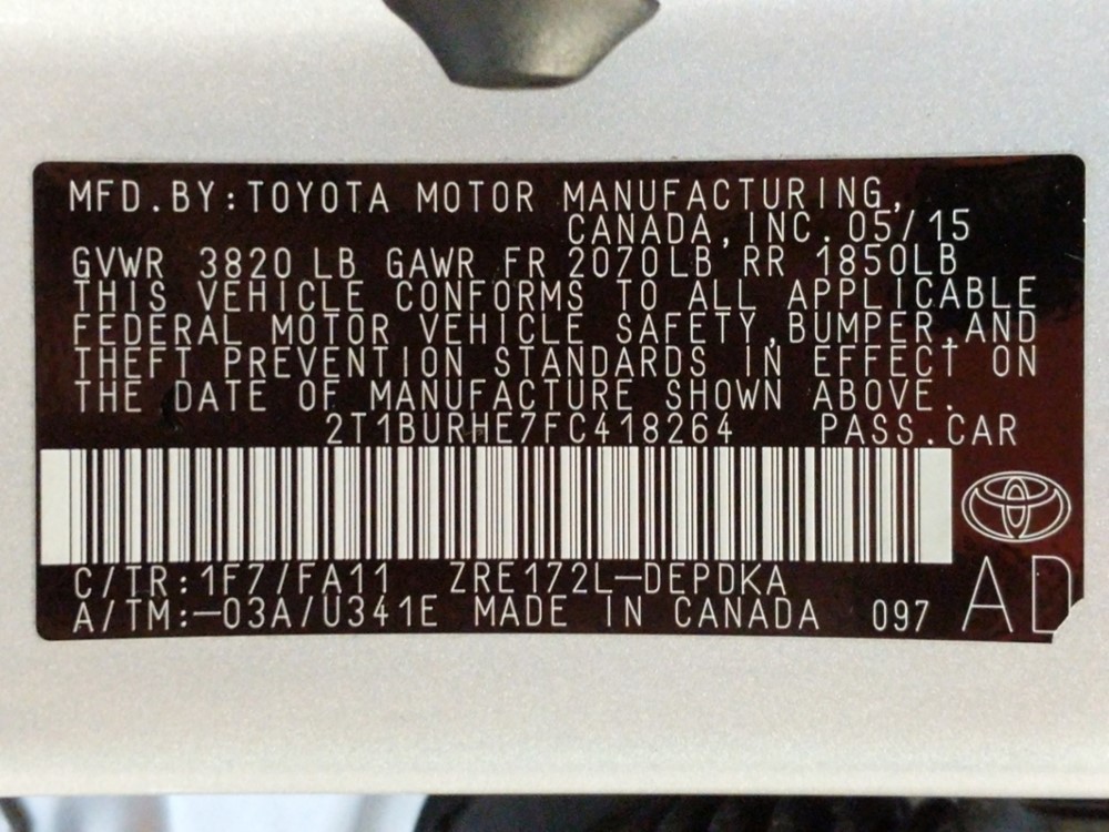 2015 Toyota Corolla - VIN Plate