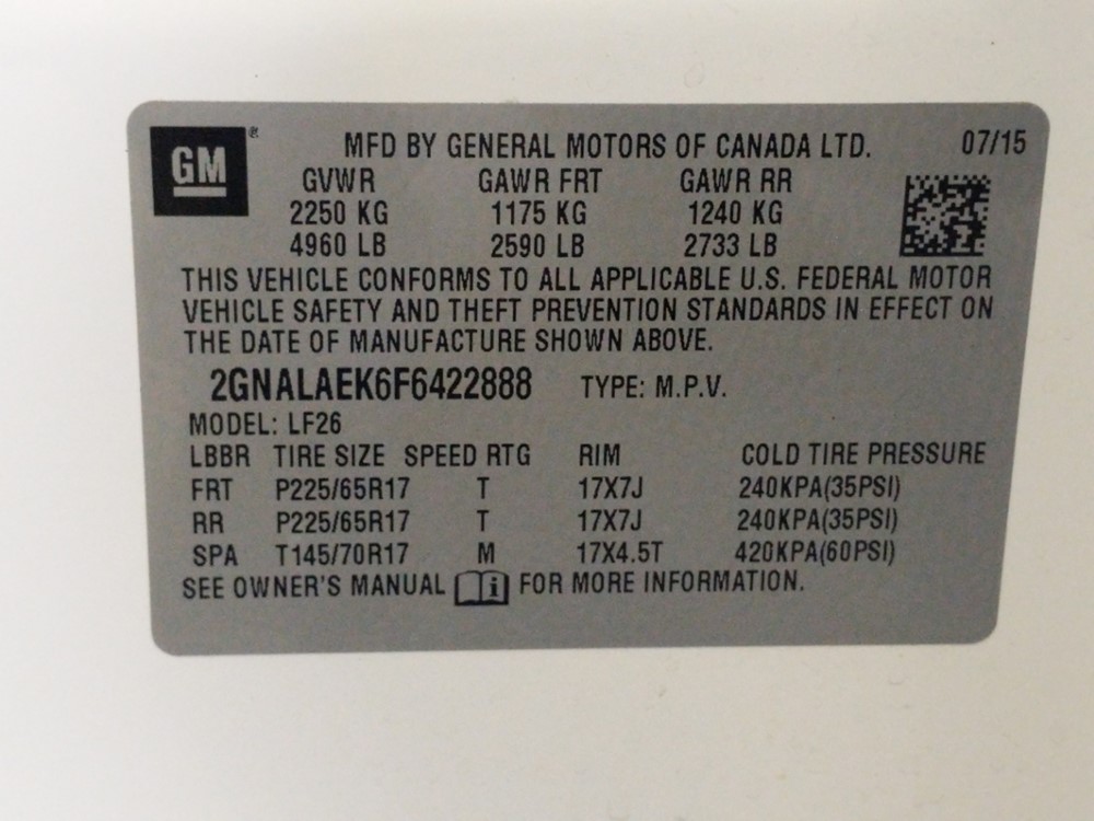 2015 Chevrolet Equinox - VIN Plate