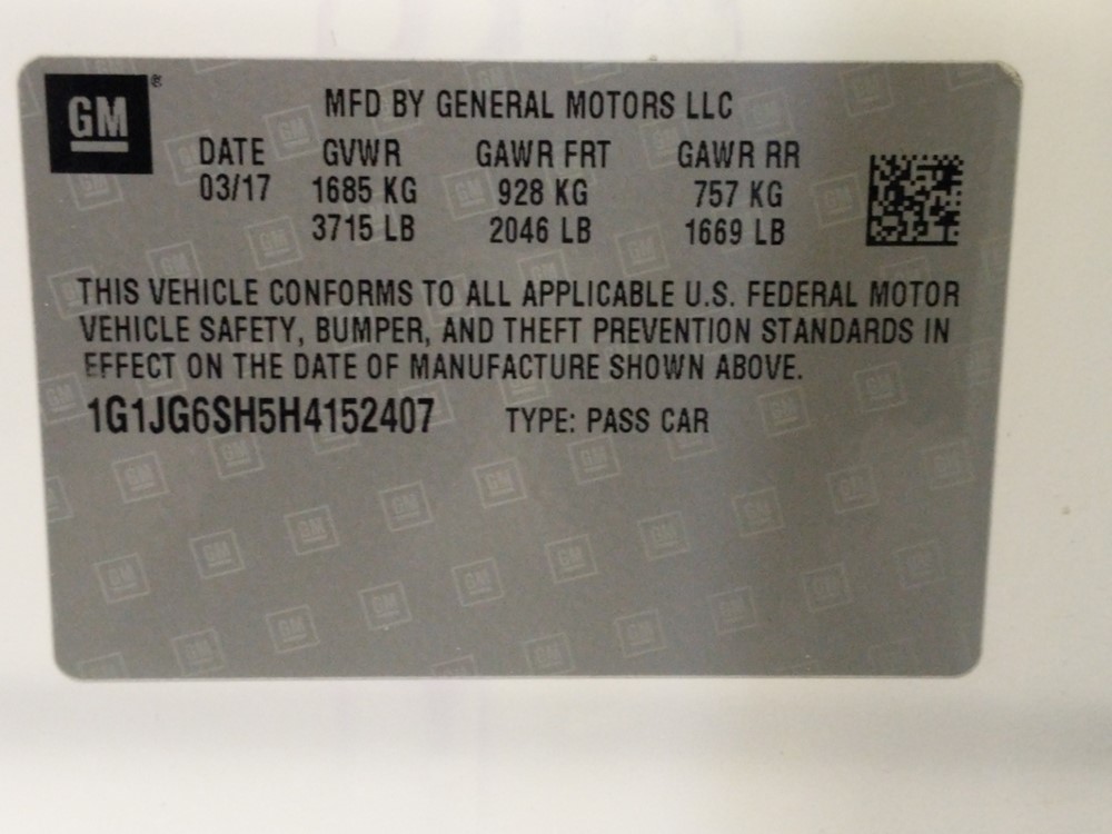 2017 Chevrolet Sonic - VIN Plate